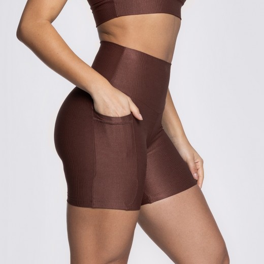 Short Fitness Canelado Com Bolsos Laterais Marrom Café Flux