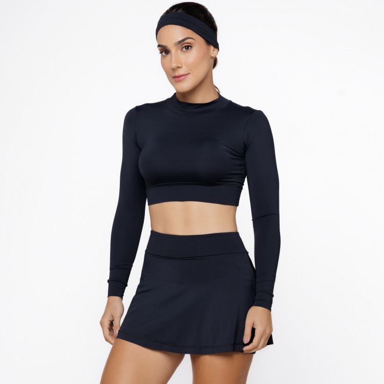 Blusa Cropped de Manga Longa com Proteção UV50+ Preta