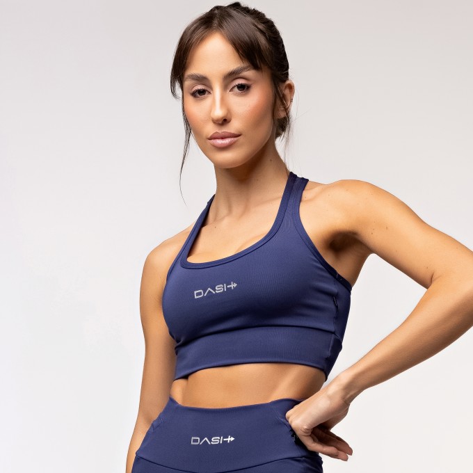 Top Alta Sustentação Baixa Pace com Bolso nas Costas Azul Marinho