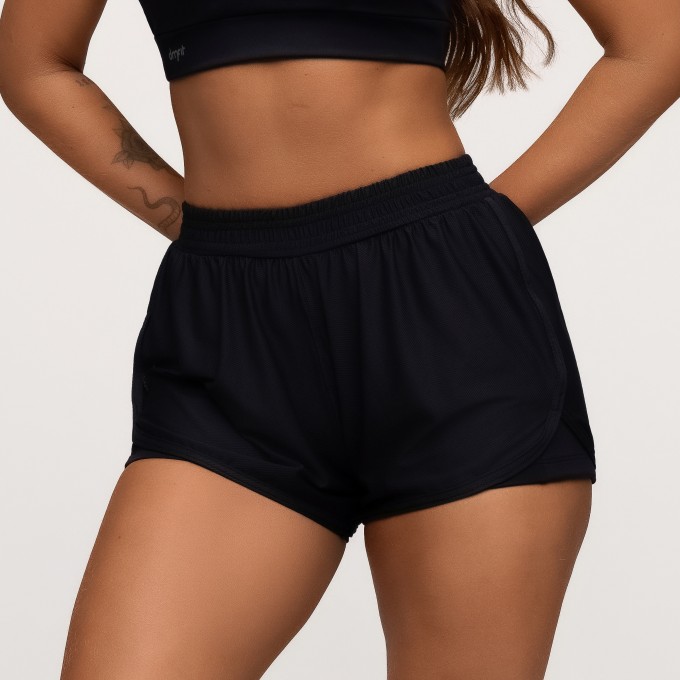Short Duplo Poliamida com Bolsos Laterais Preto