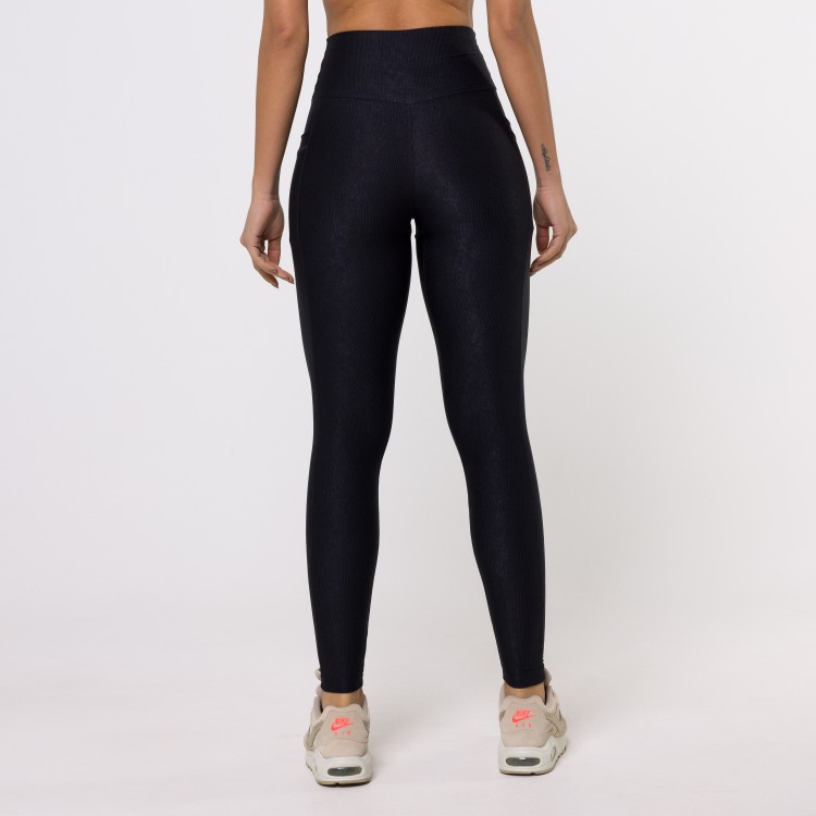 Legging Fitness Canelada Com Bolsos Laterais Preta Flux