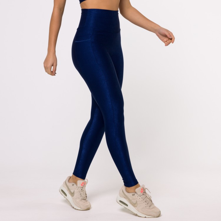 Legging Fitness Canelada Com Bolsos Laterais Azul Marinho Flux