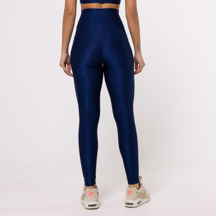 Legging Fitness Canelada Com Bolsos Laterais Azul Marinho Flux