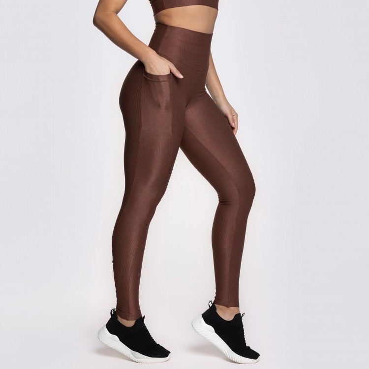 Legging Fitness Canelada Com Bolsos Laterais Marrom Café Flux